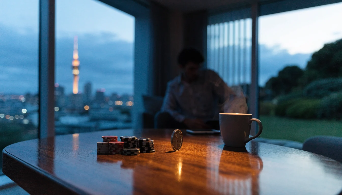 NZ one-dollar coin and casino chips on a table near a smartphone with Auckland skyline outside the window.