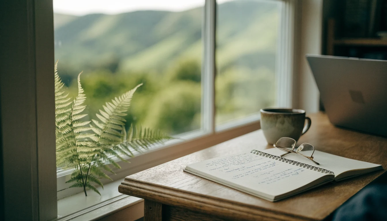 Researcher's desk with notebook, glasses and coffee near a New Zealand window view.