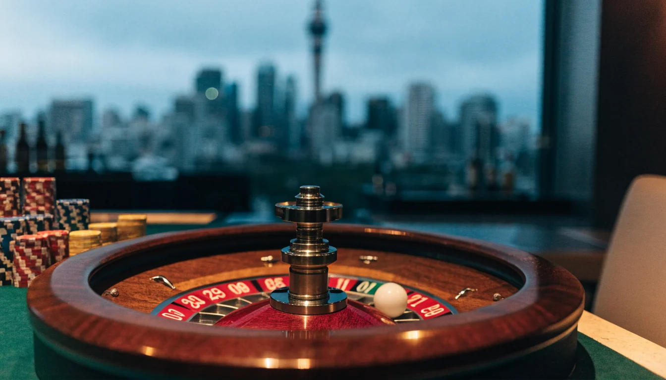 Automated roulette wheel with chips in a modern New Zealand casino lounge.