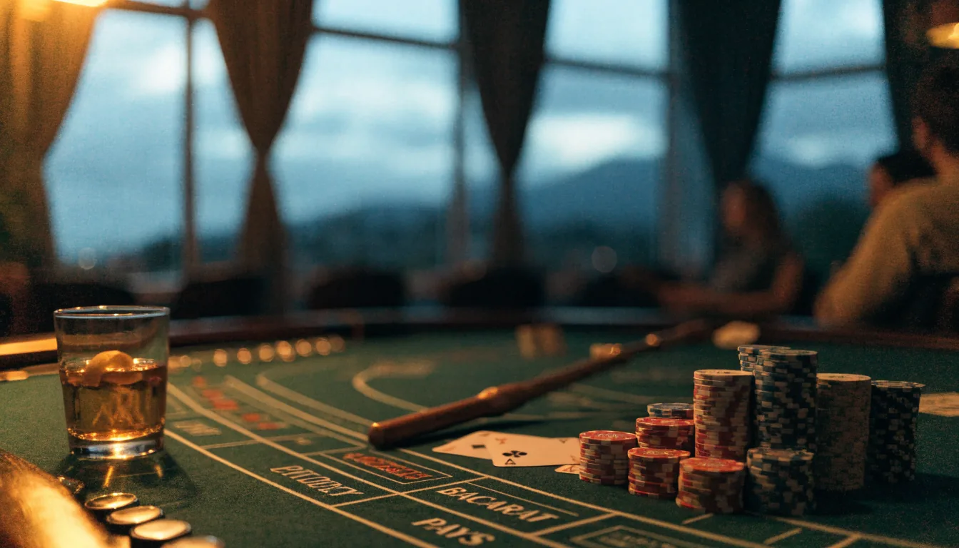 Elegant baccarat table with chips and cards in a New Zealand casino lounge at dusk.