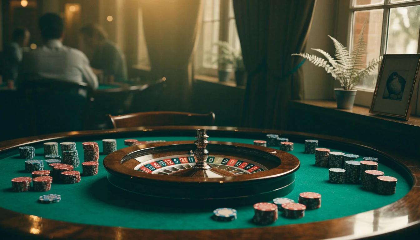 Elegant casino roulette table with chips, warm lighting, New Zealand silver fern accent