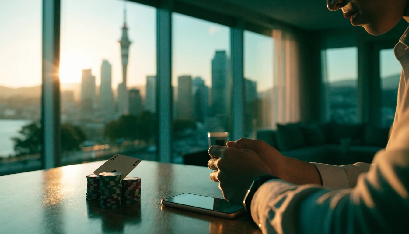 Person with phone face-down beside casino chips, Auckland skyline visible through window