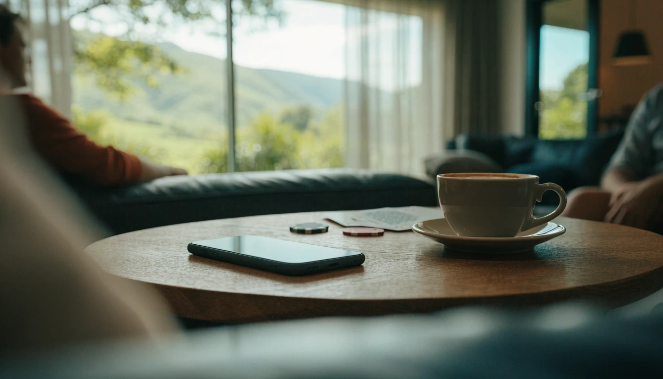 Smartphone face-down on a coffee table with poker chips and cards, New Zealand home setting.