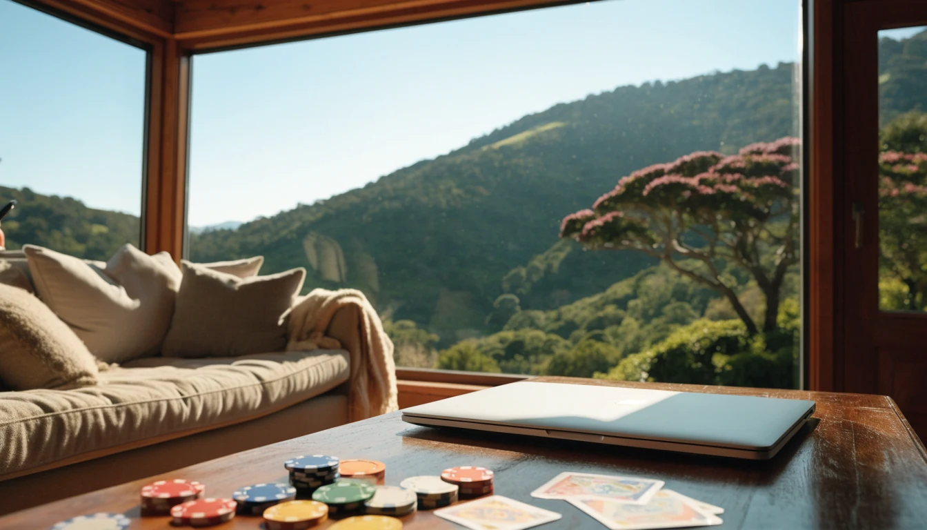 Modern New Zealand living room with closed laptop, casino chips, and playing cards on a coffee table
