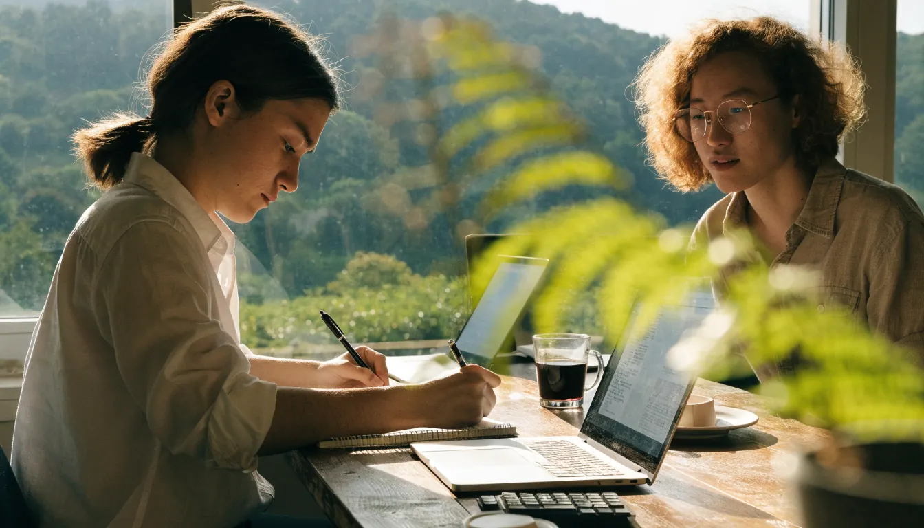 New Zealand editorial team working at a desk in a bright office with hillside view.