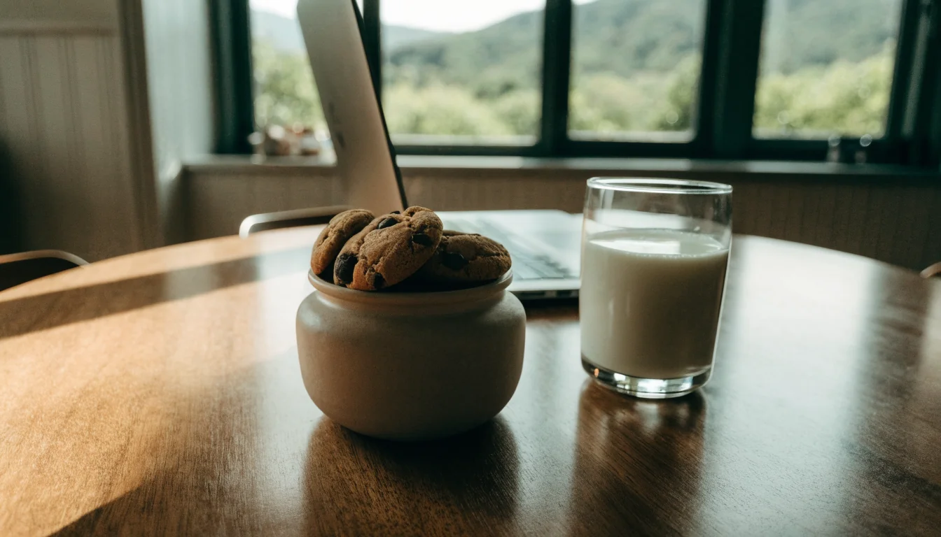 Cookies and milk beside a laptop on a wooden kitchen table
