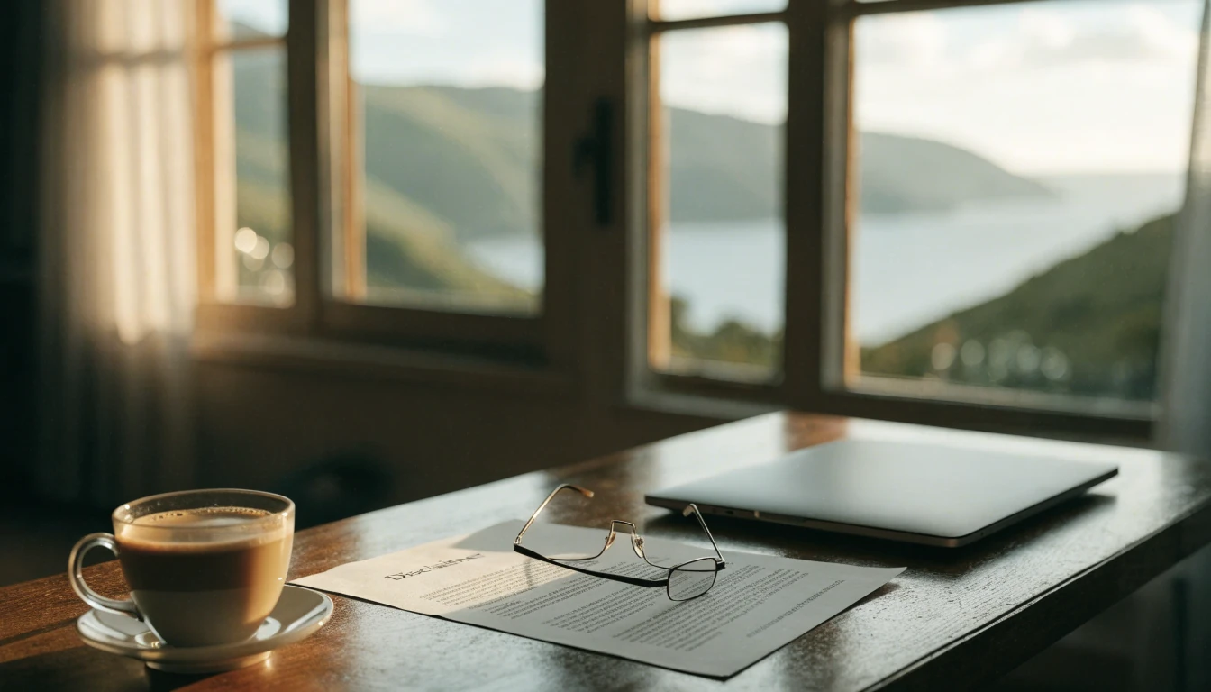 Closed laptop, printed disclaimer document, and glasses on a wooden desk with a New Zealand landscape view.