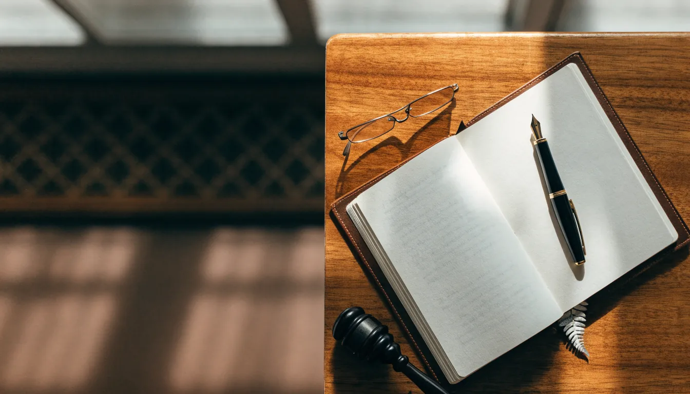 Pen, notebook, glasses and gavel on a wooden desk