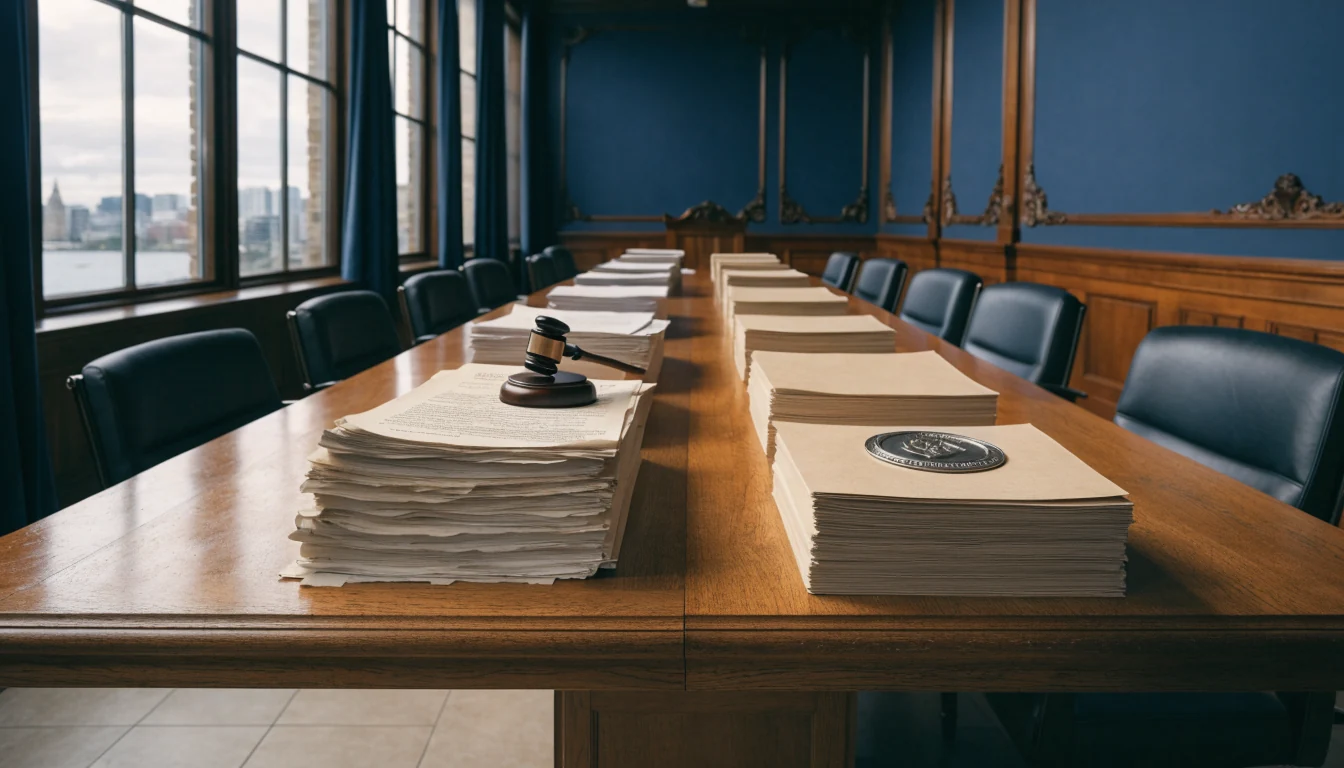 Divided government chamber table representing two regulatory roles