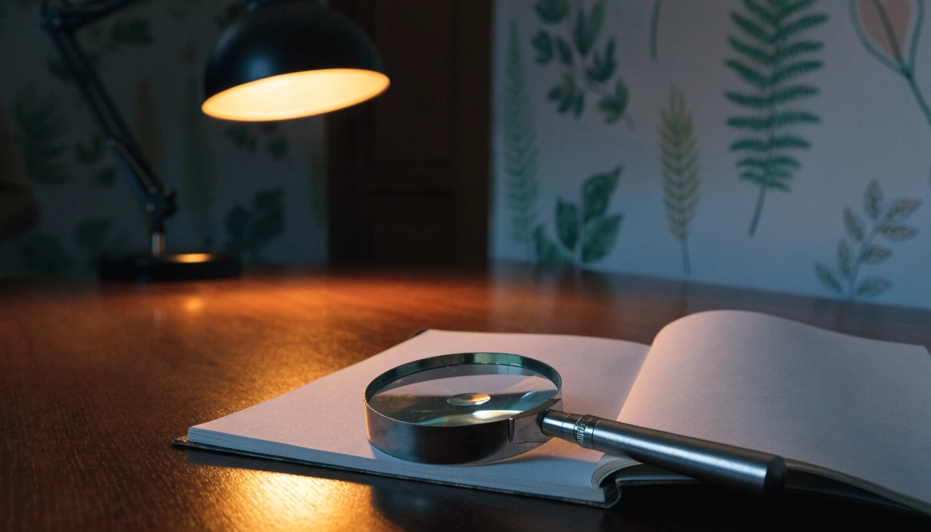 Magnifying glass beside an open notebook on a wooden table