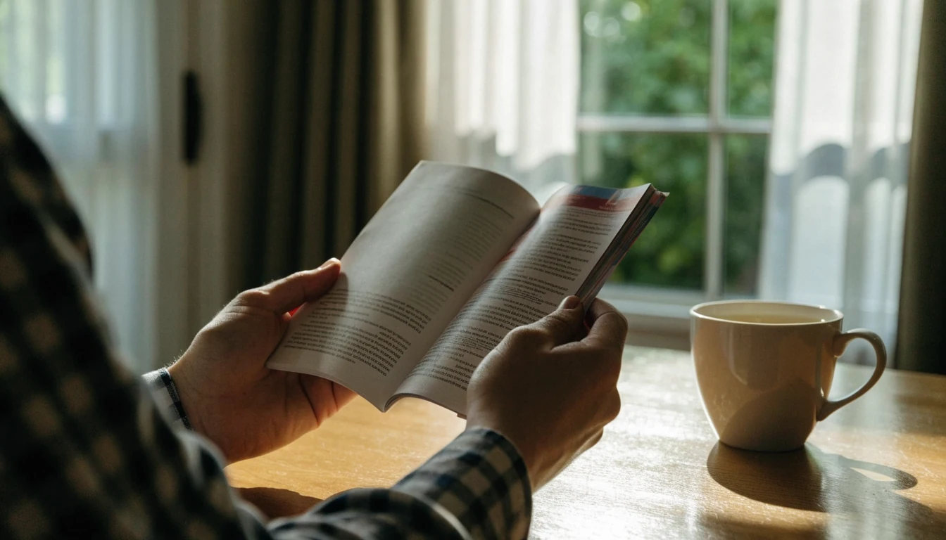 Hands reading a printed rules booklet with a mug of tea