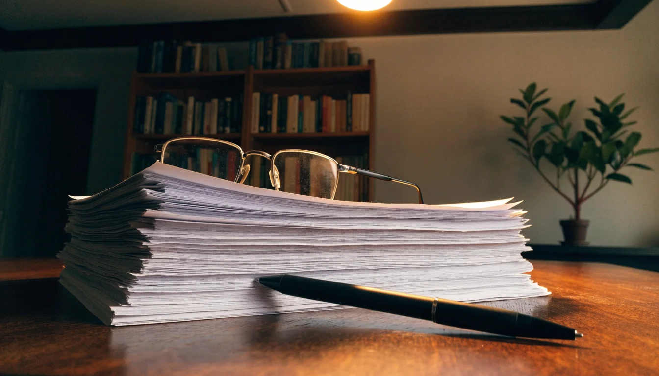 Reading glasses resting on a stack of printed documents