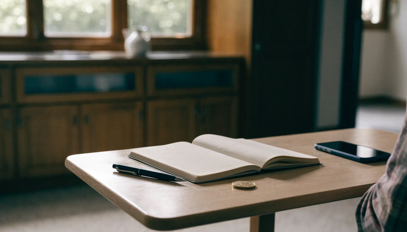 Open ledger notebook with pen and a face-down smartphone