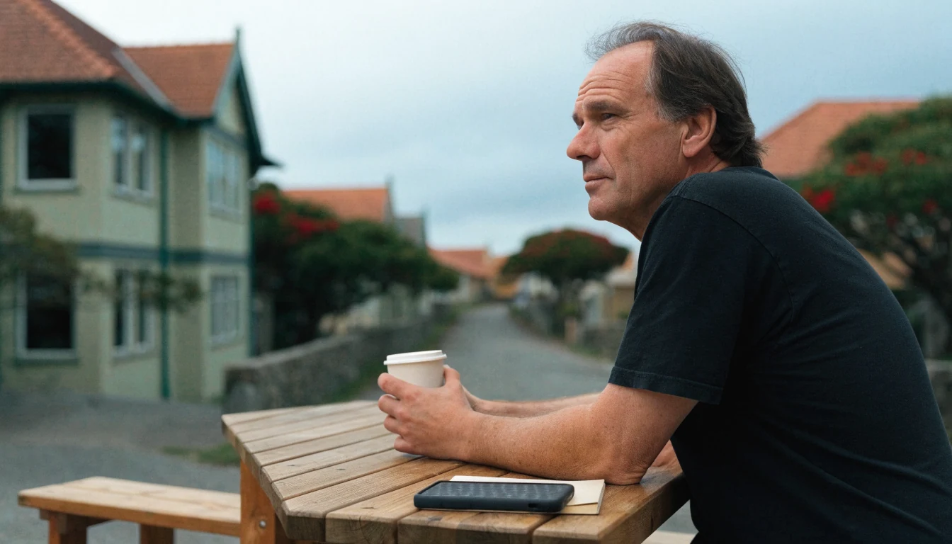 Contemplative man with coffee at outdoor cafe in New Zealand town, phone face-down on table.