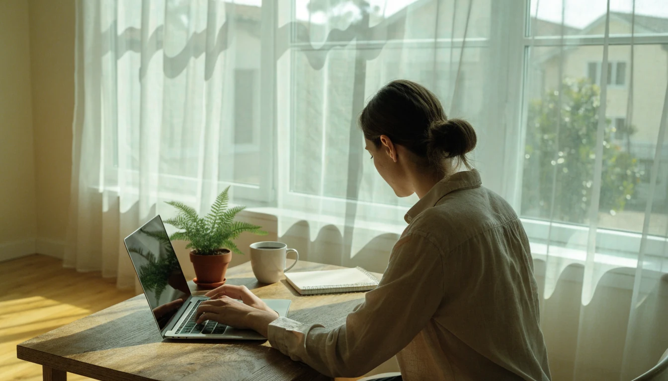 Person working privately at a sunlit desk with a laptop, representing data protection and trust.