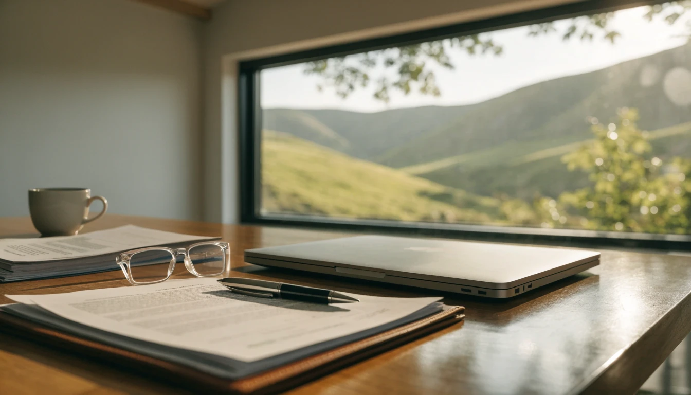 Wooden desk with closed laptop, document folder and glasses near a window with New Zealand hills view